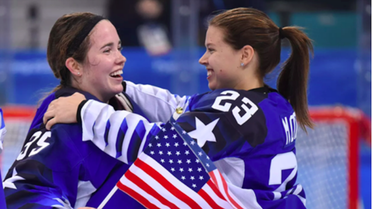 UMD students Maddie Rooney and Sidney Morin, celebrate the Team USA win.