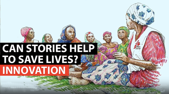Drawing of women sitting together with text that says "Can stories help to save lives? Innovation"