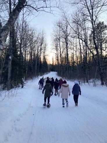  A group of people in the woods, on snowshoes.