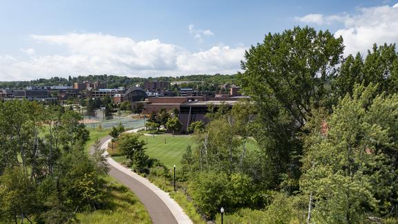 A lush green aerial view of the UMD campus