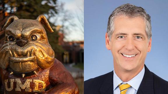 A diptych of Dr. Charles Nies has been named the tenth chancellor of the University of Minnesota Duluth, effective July 1, 2024 and pending approval by the University’s Board of Regents at its May 2024 meeting, alongside the Champ sculpture..