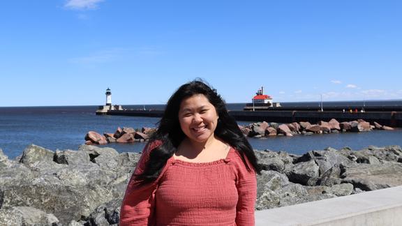 Rose Yang posing for a photo at the Duluth Downtown Canal boardwalk.