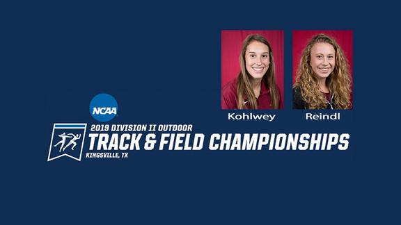 UMD scholar athletes Danielle Kohlwey and Haleigh Reindl pictured with the words NCAA 2019 Division II Outdoor Track and Field Championships, Kingsville, Texas on dark blue background