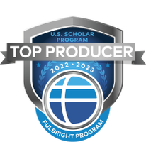 The Fulbright Program Badge icon for Top Producer of U.S. Scholars 2022-2023. A blue, white and grey icon, with a globe.