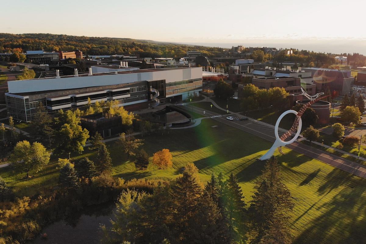 A drone shot of the UMD campus at sunrise