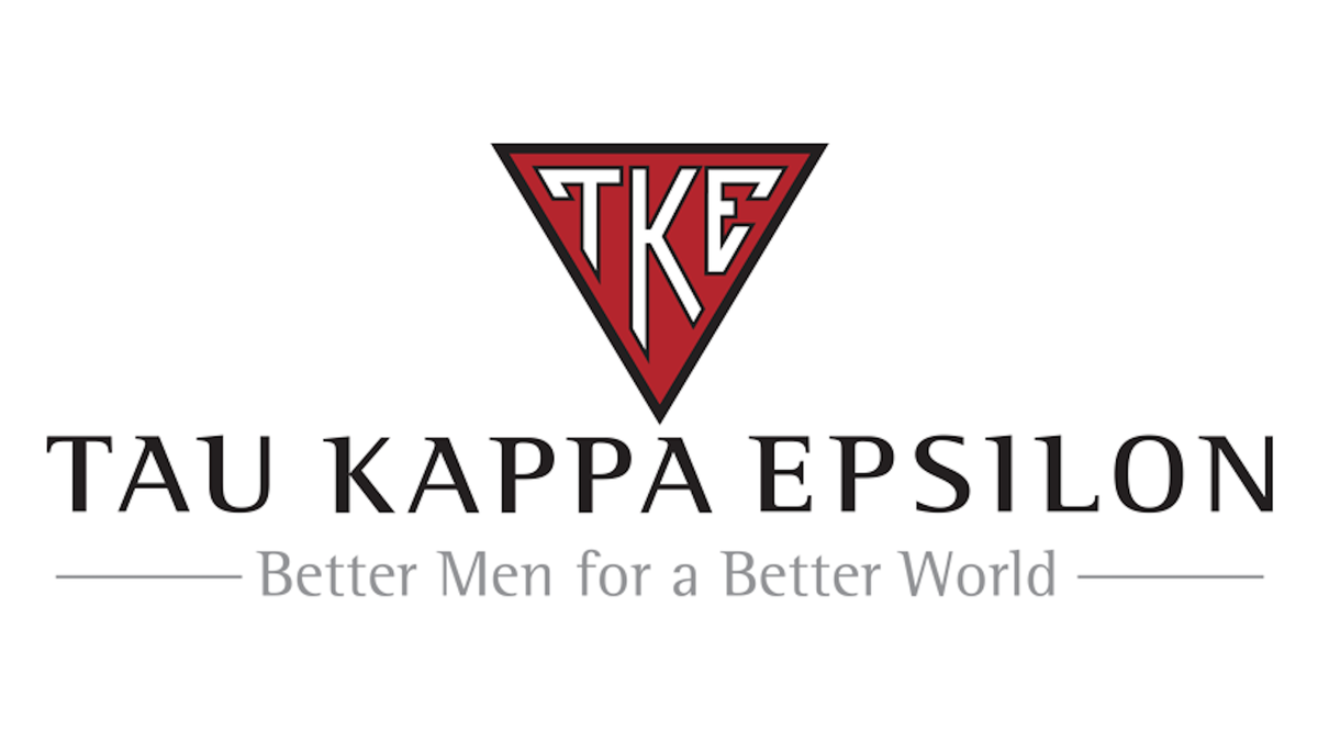 Banner reading Tau Kappa Epsilon: Better Men for a Better World, and containing the TKE logo, an inverted red triangle with "TKE" in white letters.