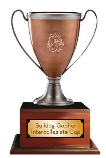 A trophy with the words "Bulldog-Gophers Inter Collegiate Cu