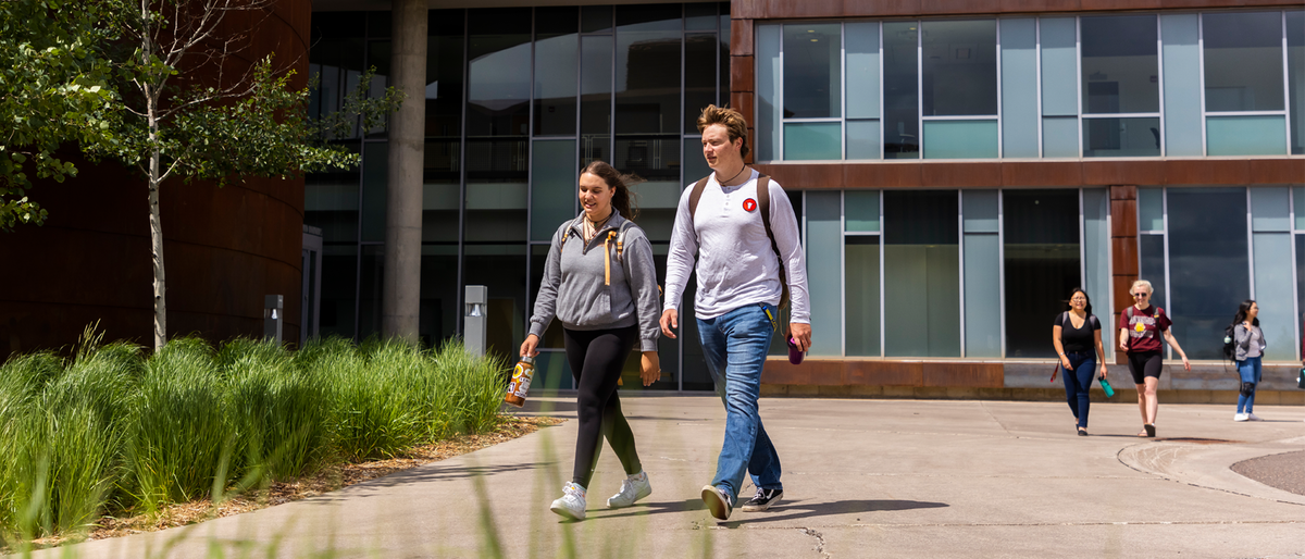 Students walk outside the LSBE building on a sunny day.