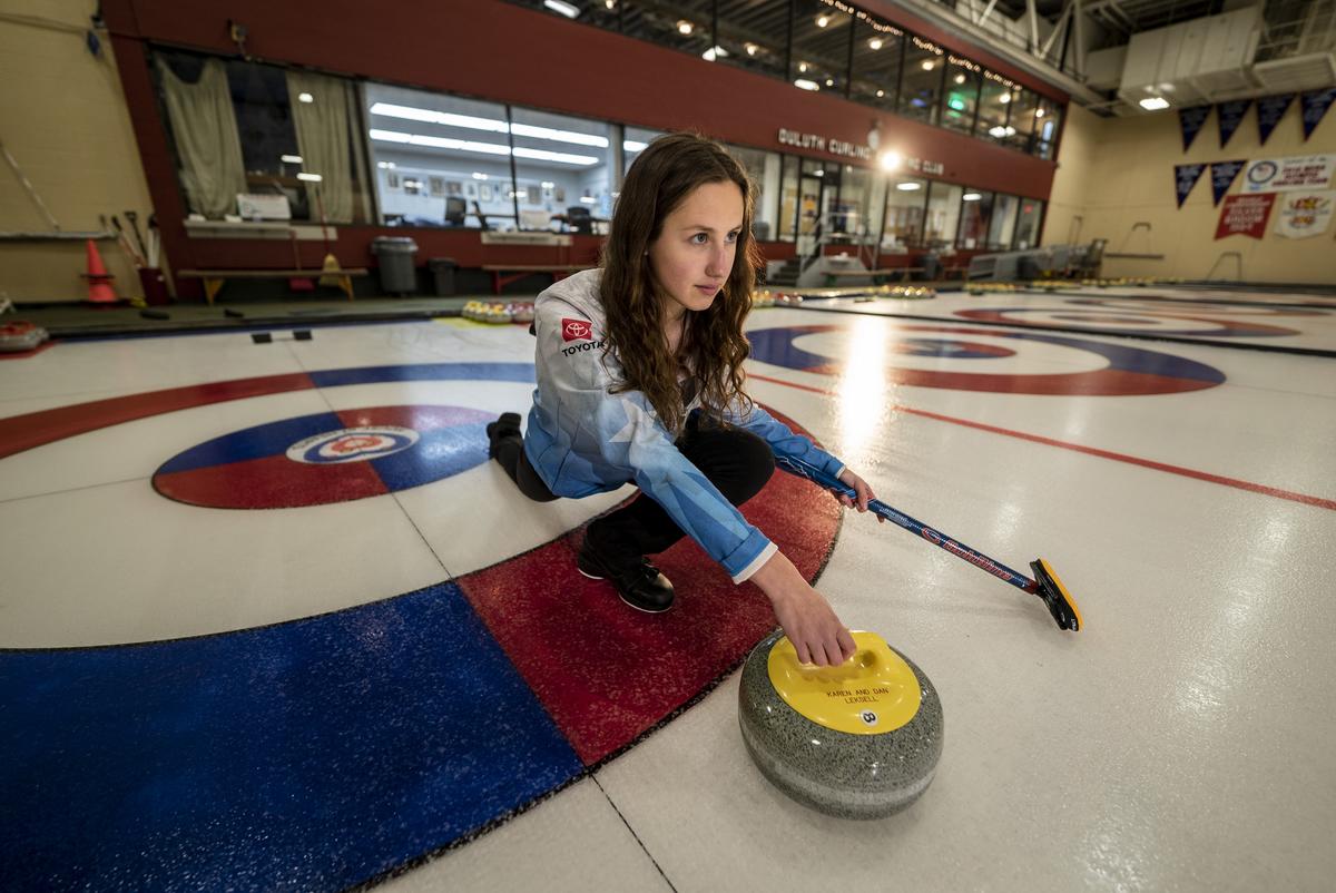 Amelia Hintz, first-year UMD student, curling