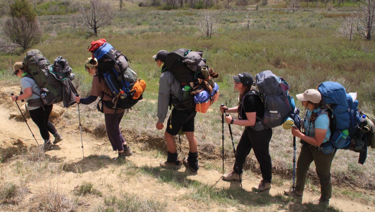 Five UMD students carrying fully-loaded backpacks and using hiking poles in the Badlands