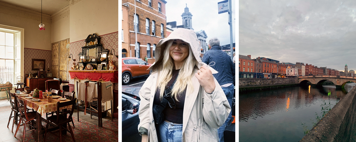 A triptych collage featuring an interior shot of the 14 Henrietta Street Museum in Dublin, UMD Student Emma Wiessenberger, and Mellows Bridge with row houses in the background in Dublin