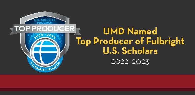A graphical bar showing that UMD Named Fulbright Top Producer, with the blue Fulbright badge on the left