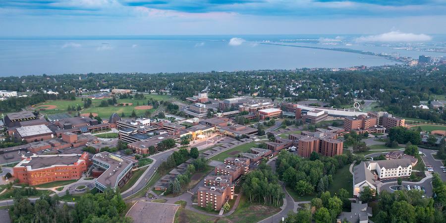The UMD Campus as seen from above looking out toward Lake Superior