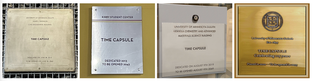 A collage of four photos shows the plaques of the four known time capsules on the UMD campus