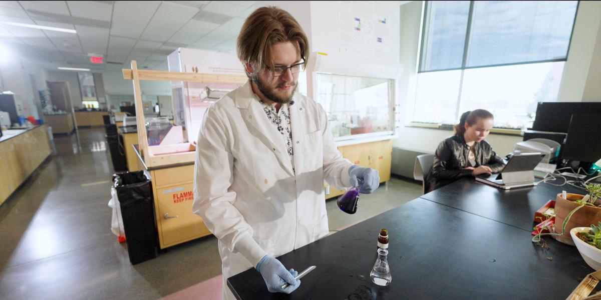 UMD Biology Student Rory Westerman conducts research in the Heikkila Chemistry and Advanced Materials Science (HCAMS) building.