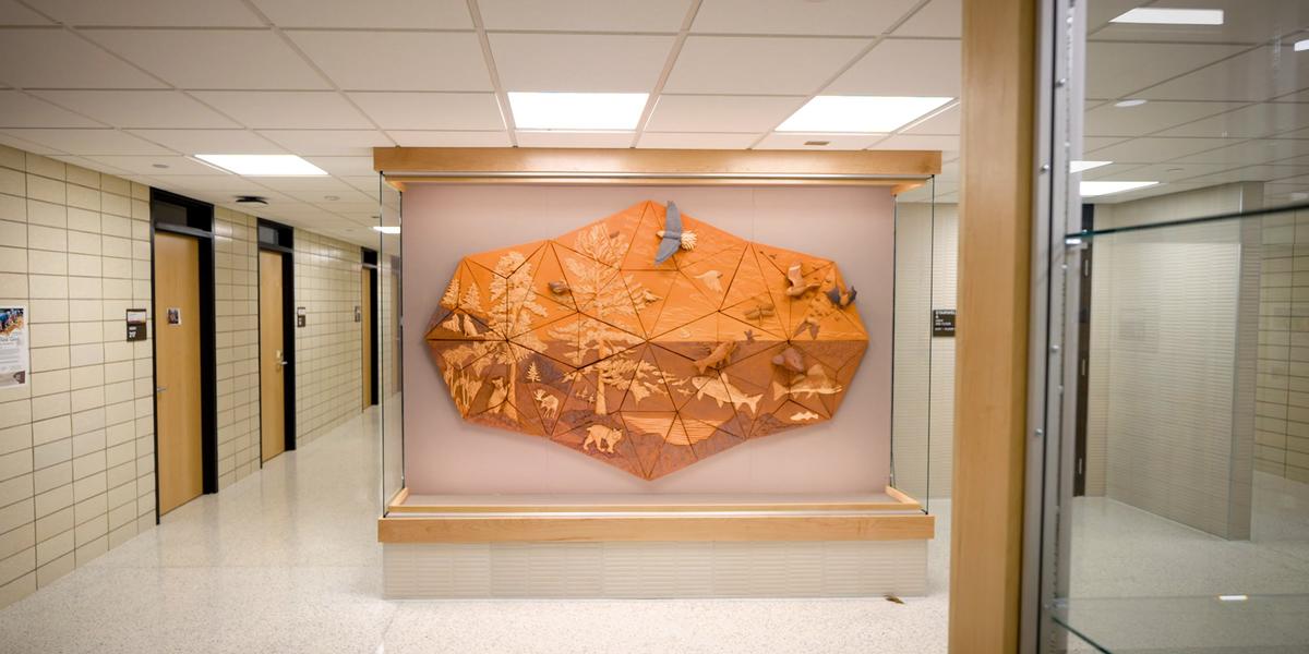 The ceramic art installation titled “Reliquary of the North Shore” is displayed in the main commons on the second floor of UMD’s A.B. Anderson Hall.