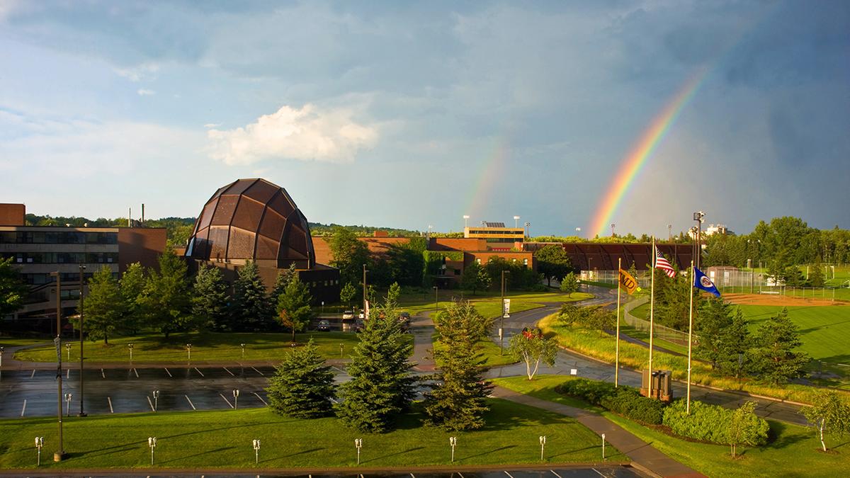 UMD campus with rainbow in the sky
