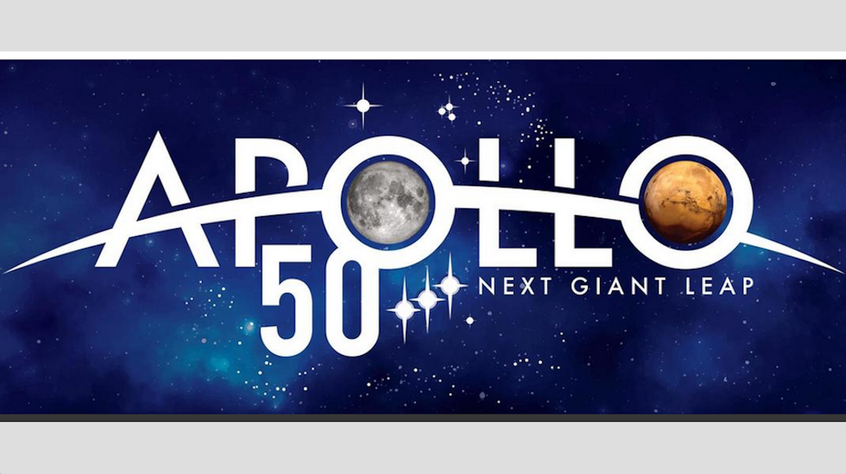 The Words Apollo 50 Next Giant Leap over image of star-filled space