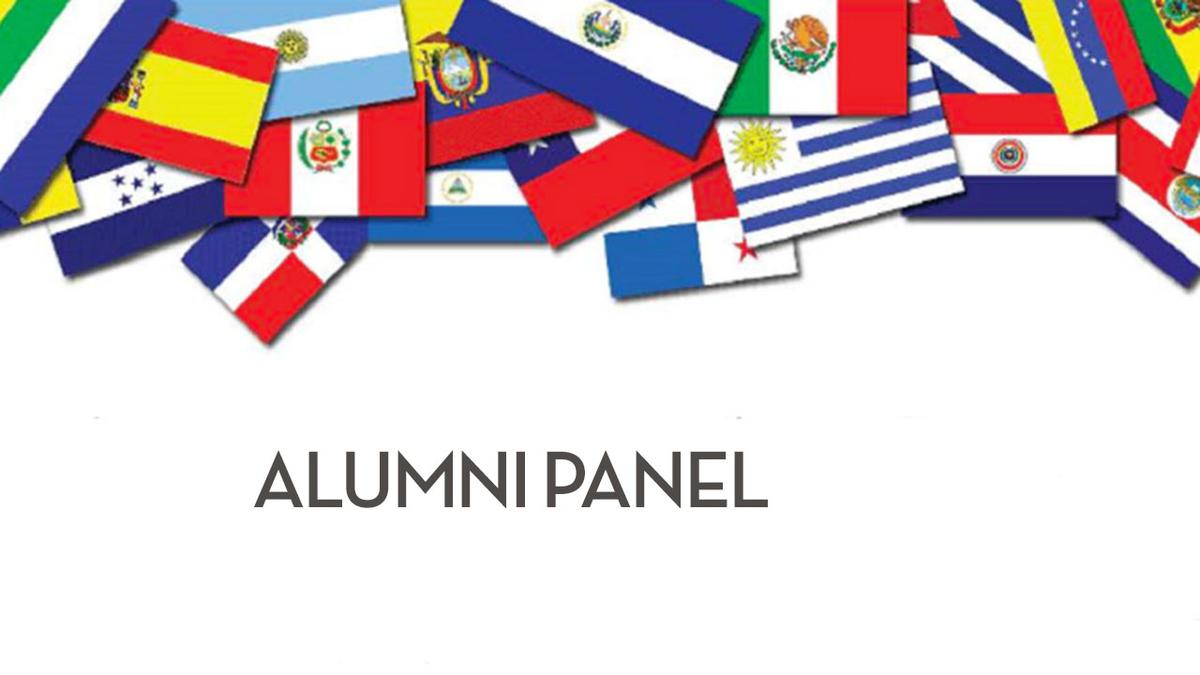 Flags from around the world and the words Alumni Panel