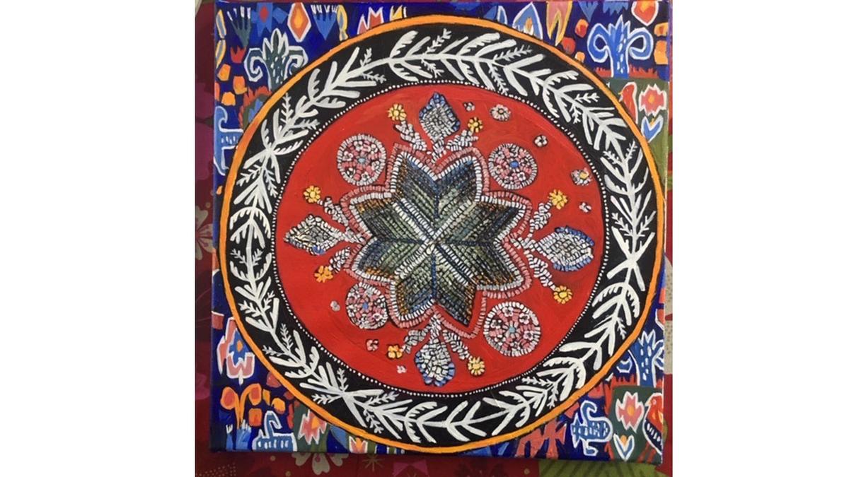 Art piece by UMD Professor Alison Aune, "Norwegian Star" acrylic and paper on canvas. The center of the piece mimics beadwork.