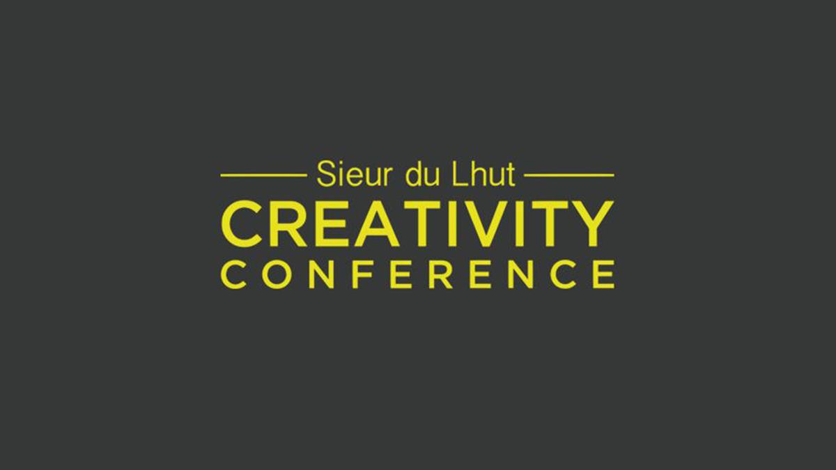 Yellow copy on grey background "Sieur du Lhut Creativity Conference"
