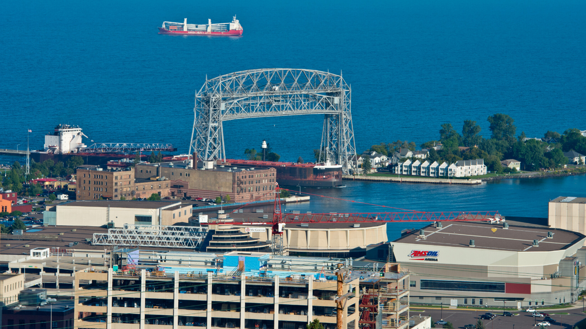 Photo overlooking the Duluth harbor with the Lift Bridge and ship