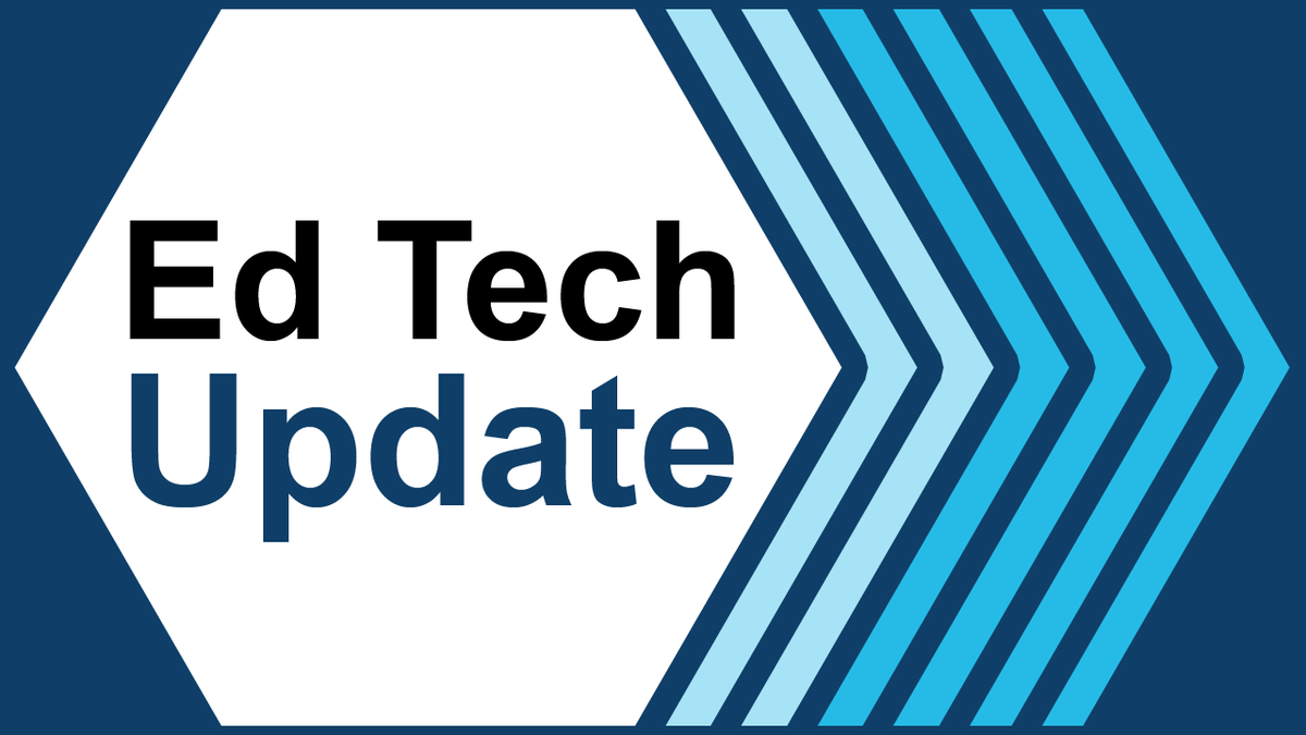 Blue striped background with the words Ed Tech Updates inside a white pentagon shape 
