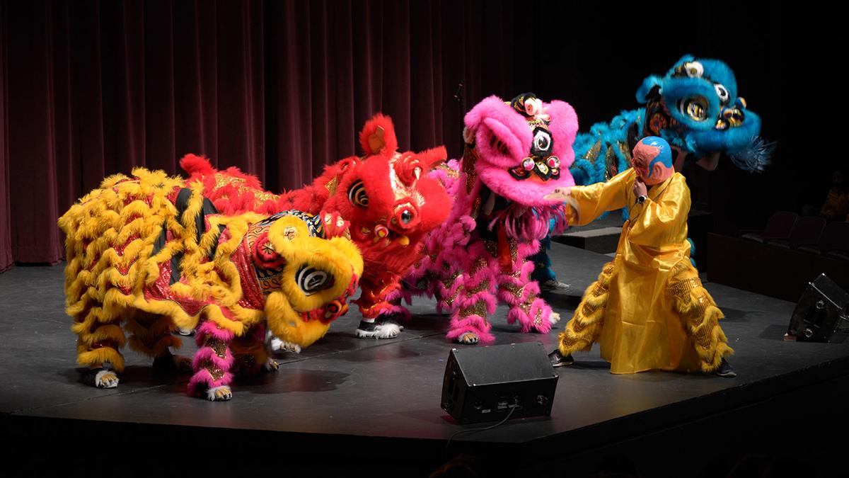Colorful Asian dragons on stage
