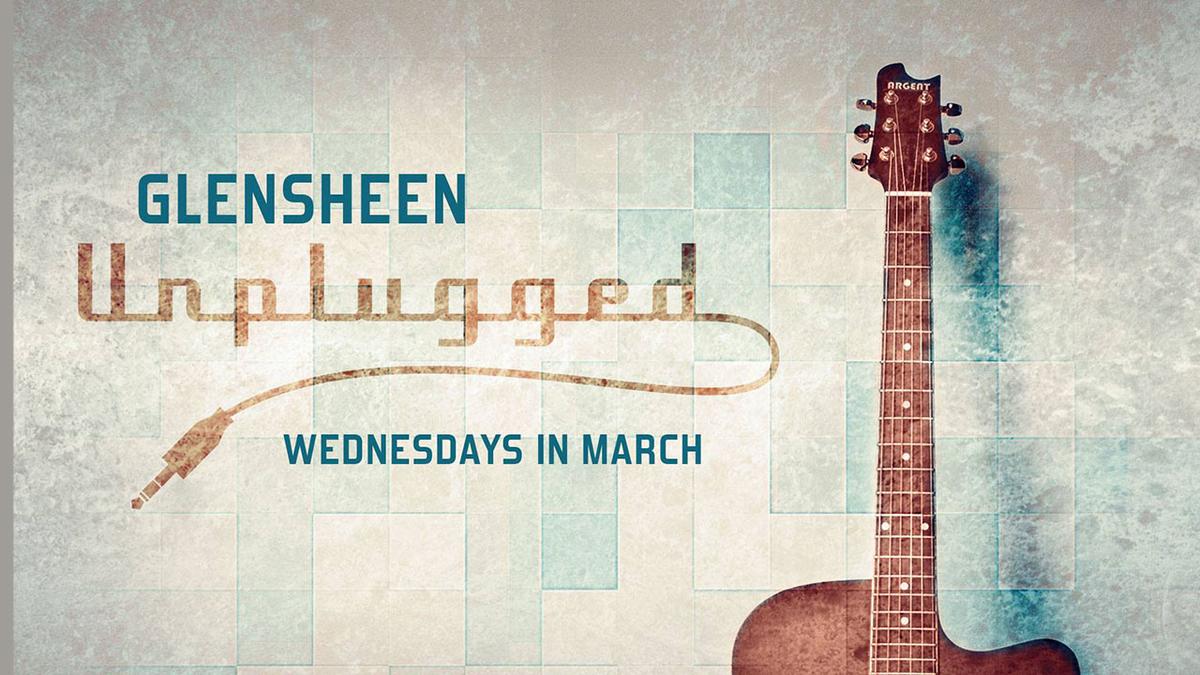 Guitar with the words: Glensheen Unplugged, Wednesdays in March