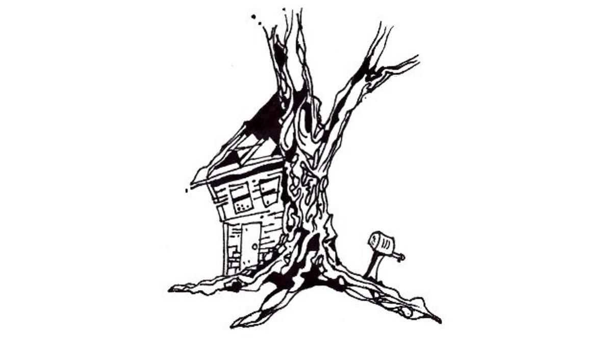 Line drawing of a tree with a house on the side of it