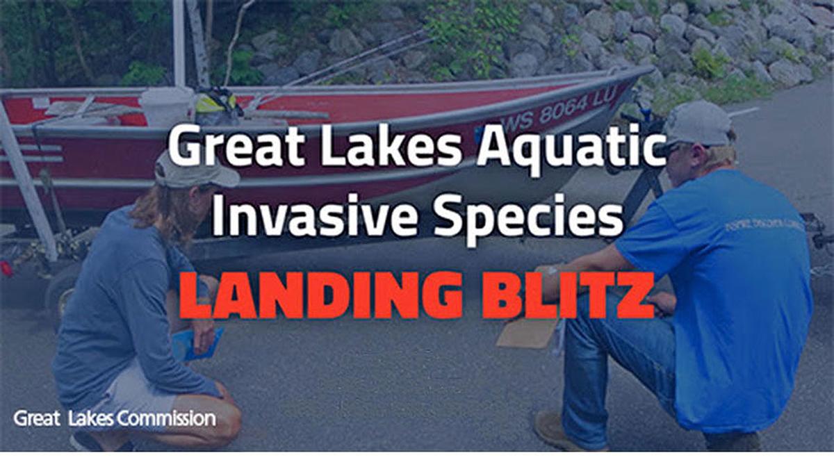 Two people crouched down looking at fishing boat, over the image are the words "Great Lakes Aquatic Invasive Species Landing Blitz"
