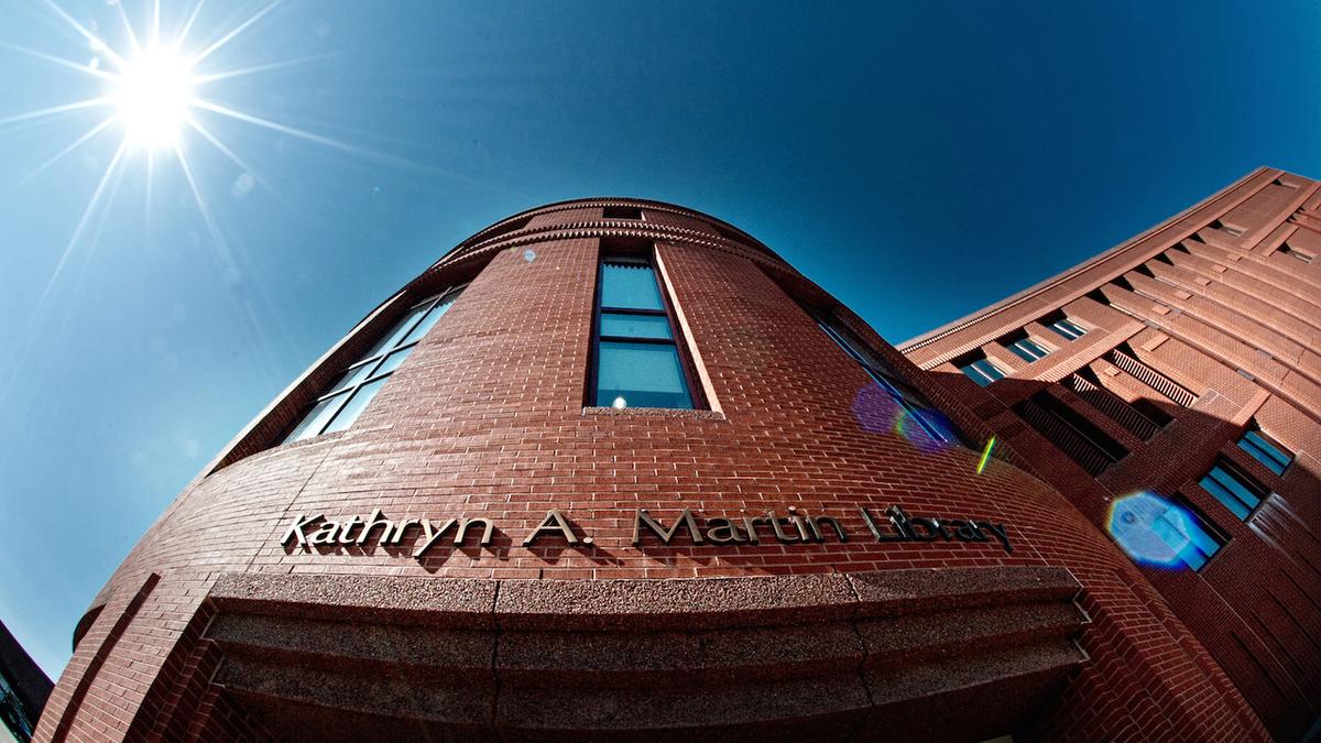 A dramatic view, looking up, of the Kathryn A. Martin Library.