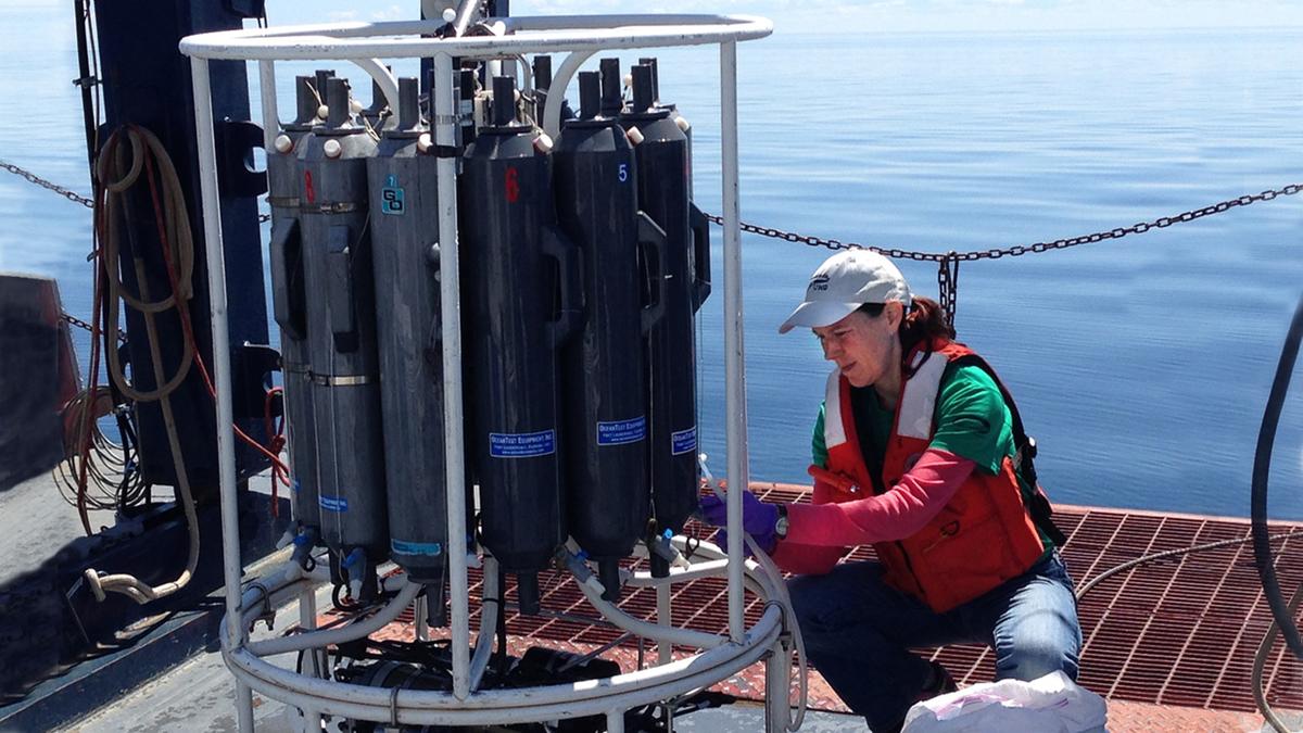 Elizabeth Austin-Minor check samples on the deck of the Blue Heron Research Vessel. 