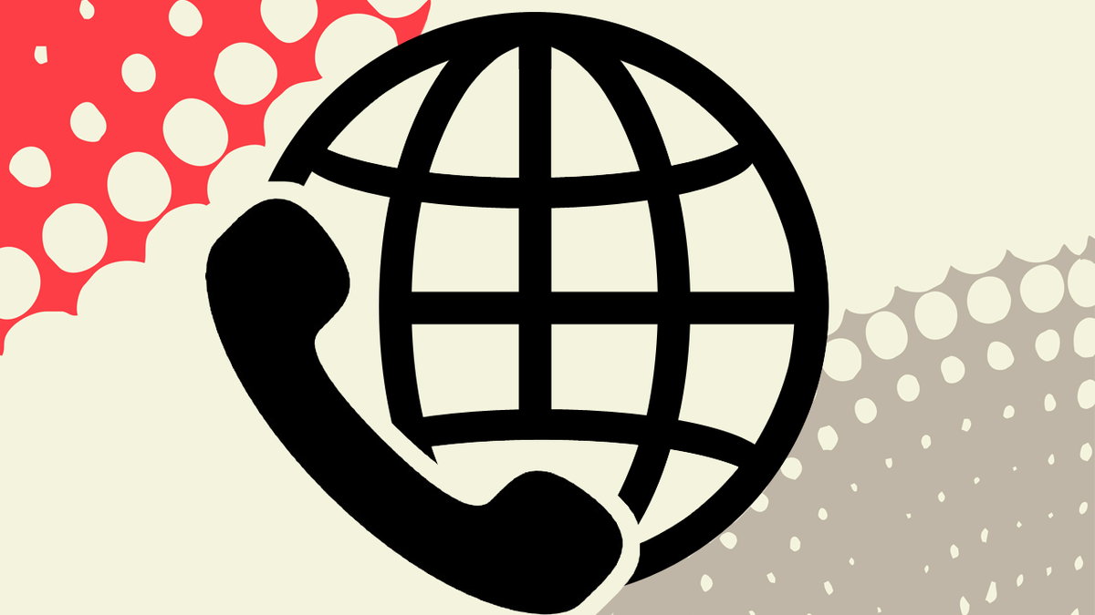Line Drawing of globe with black telephone receiver