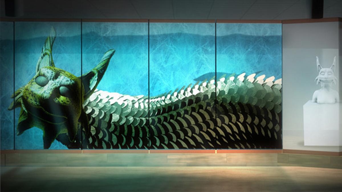 UMD's Tweed Museum of Art: Mishu Bizhiw Awakens (green dragon on blue background)