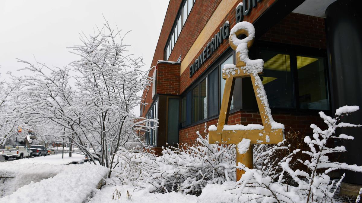 Snow covered scene of outside Engineering building