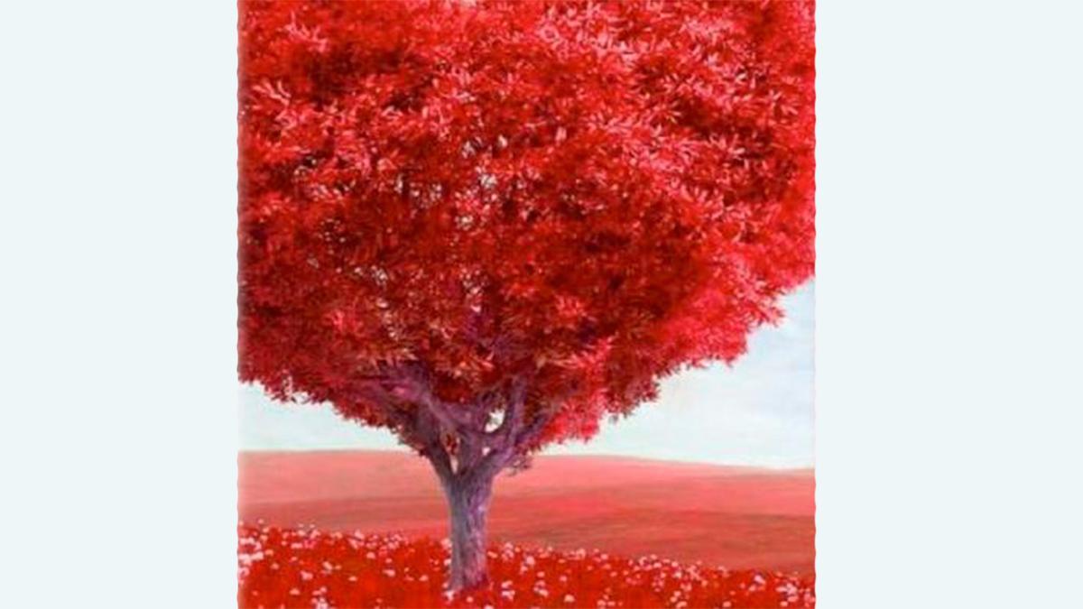 Illustration of tree with red bark and red leaves. 