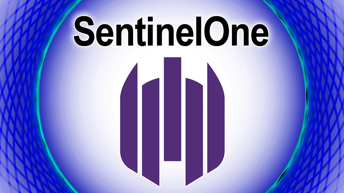 The words "Sentinel One" on blue backgournd with five purple columns below the words.