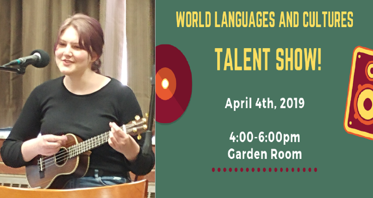 Female UMD student playing the ukulele with the words World Languages and Cultures Talent Show