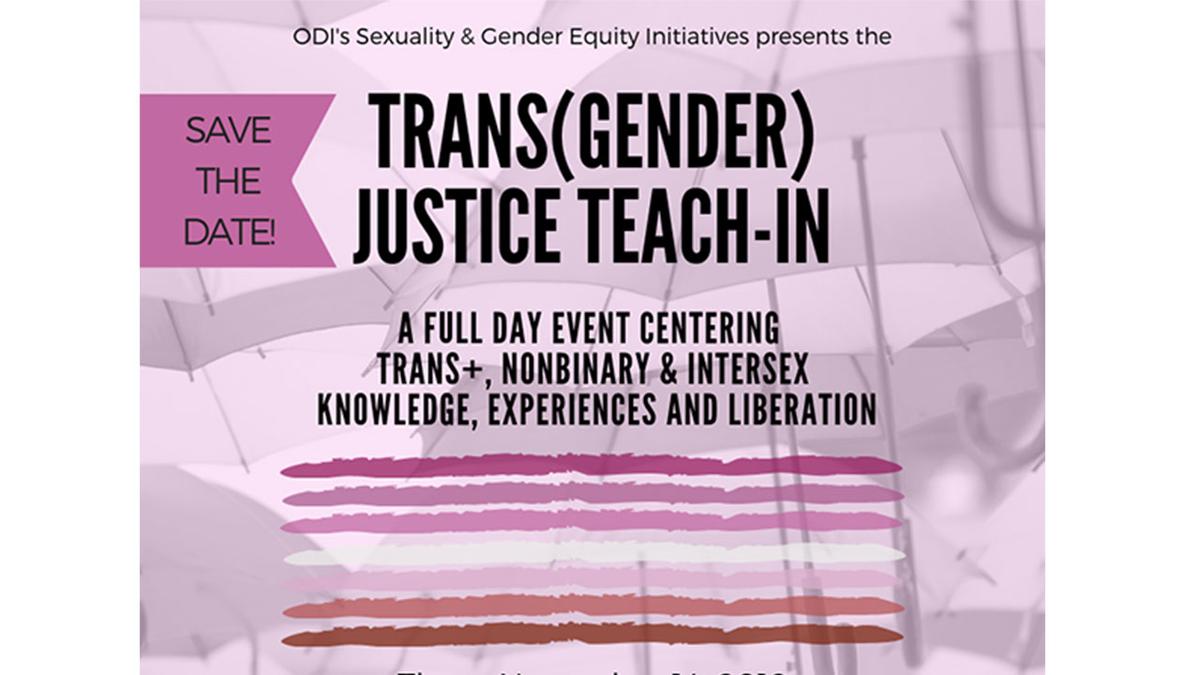 UMD's Trans (Gender) Justice Teach-In Save the Date Card - Black text on lavender background