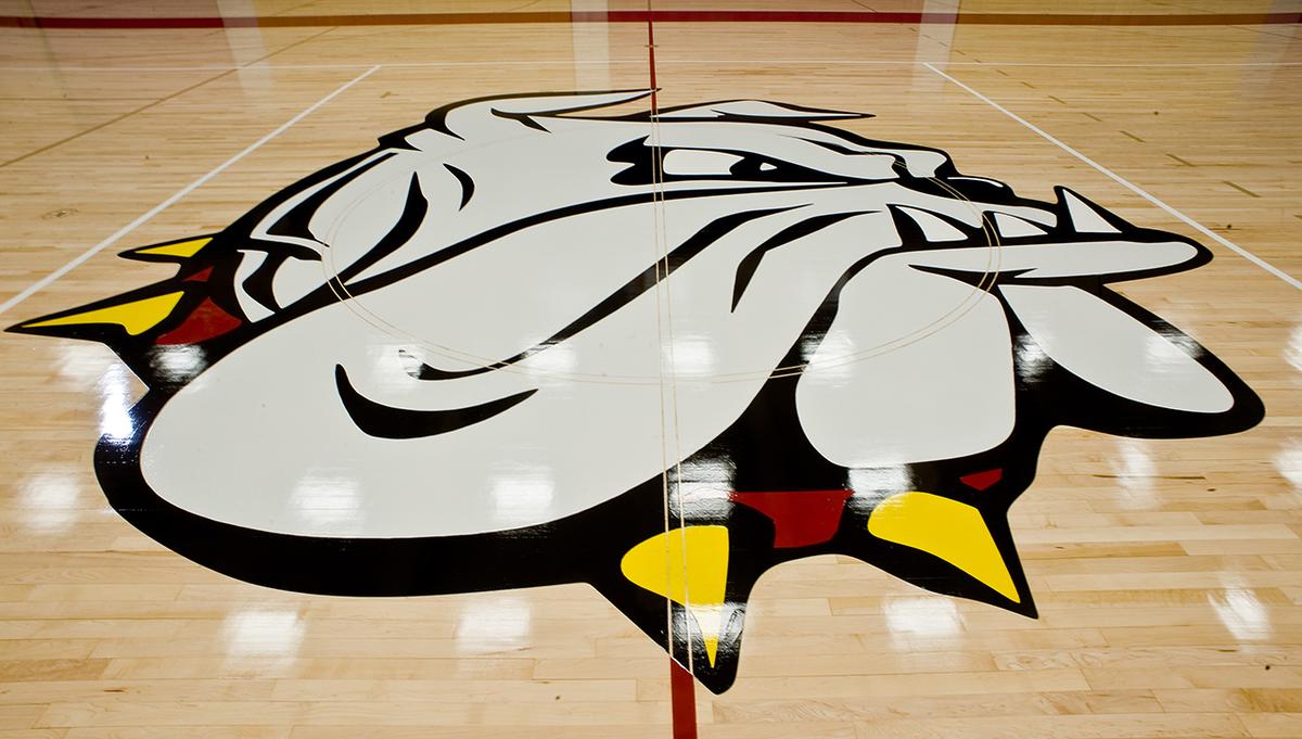 UMD athletic logo "Champ" painted on gym floor