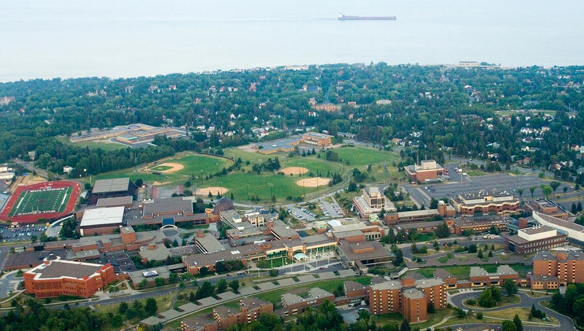Ariel shot of UMD's campus and Lake Superior