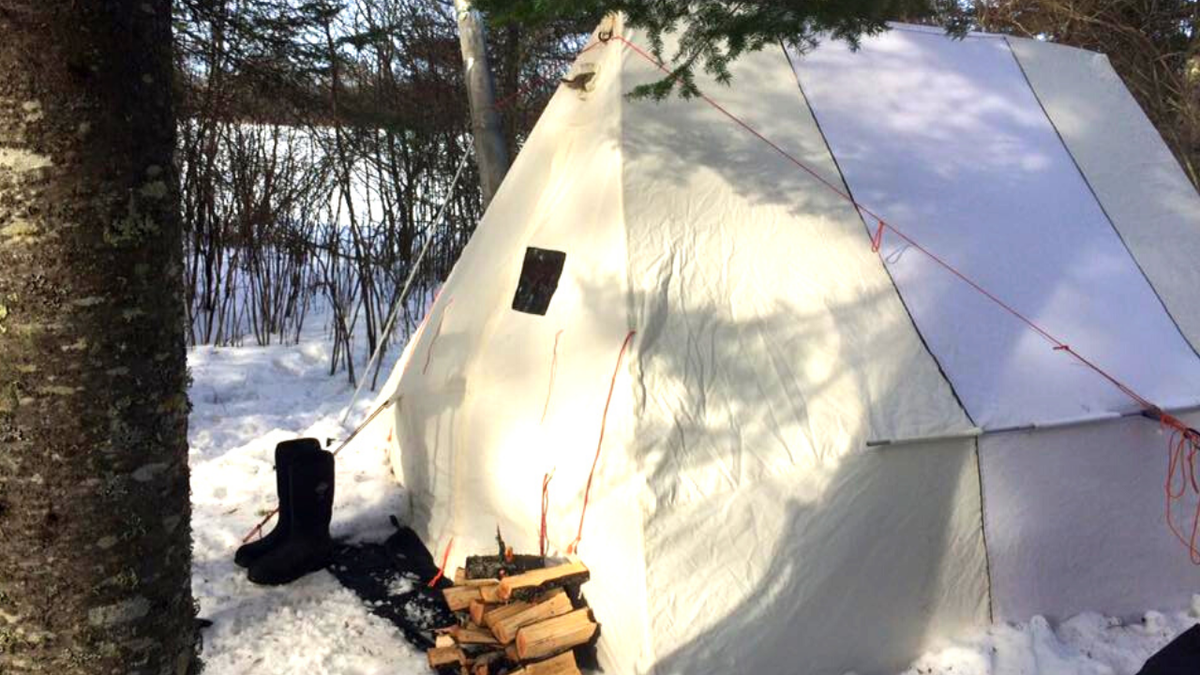 Tent in the winter woods with boggs outside of it