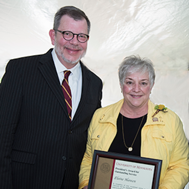 Elaine Hanson was presented the 2016 President’s Award for Outstanding Service by UM President Eric Kaler.