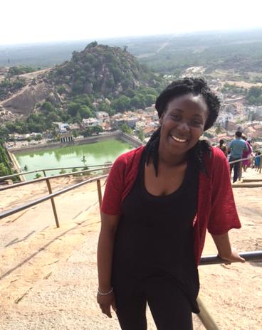 UMD student Kau Guanna at the top of a staircase leading to the Shravanabelagola Temple near Bangalore.