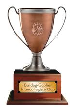 A trophy with the words "Bulldog-Gophers Inter Collegiate Cu