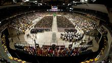 Shot of the 2016 graduation at Amsoil Arena from the rafters