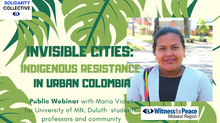 Picture of speaker Maria Violet Medina Quiscue with illustrated palm leaves and the words "Invisible Cities: Indigenous Resistance in Urban Colombia"