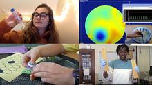Four screens with people doing a science activity in each